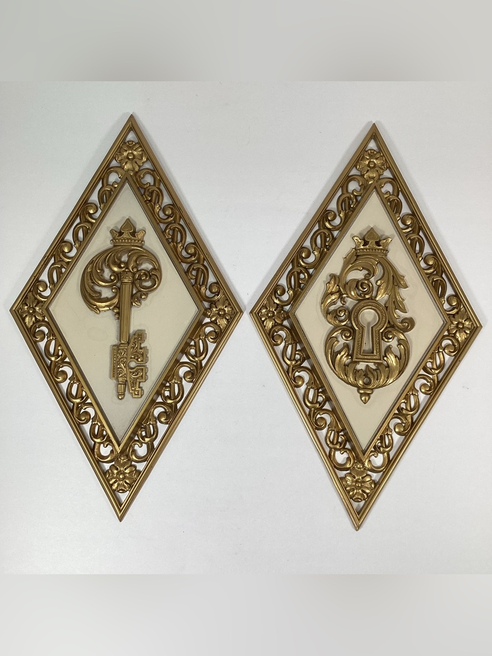 2 Vtg Dart #4271 Made In The USA Wall Plaques Diamond Shape Gold & Ivory Color
